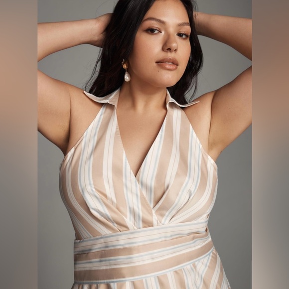 Anthropologie Maeve NWT Tan Striped Asymmetrical Wrap Shirt Dress Size 10 - Picture 4 of 12